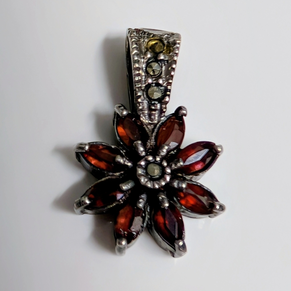 Vintage 925 Sterling Silver Marcasite and Garnets Flower Pendant